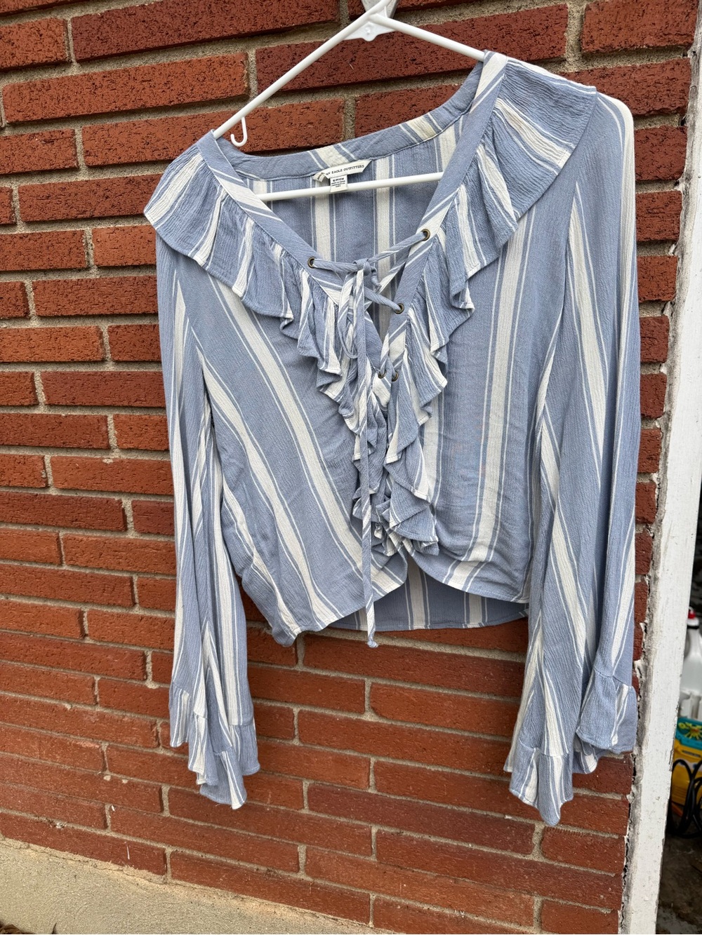 American Eagle Outfitters Blue and White Striped Ruffle Lace-Up Blouse